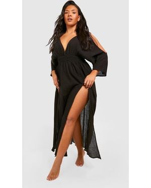 Boohoo Plus Cheesecloth Cold Shoulder Maxi Beach Dress - Black