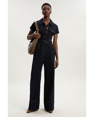 Karen Millen Denim Corset Waist Detail Wide Leg Jumpsuit - Blue