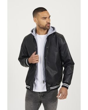 Brave Soul Jersey Hooded Varsity Style Pu Jacket - Black