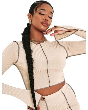 Missy Empire Missy Empire /Ladies Contrast Ribbed Slit Sleeve Crop Top - Natural