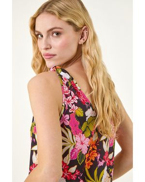 Roman Floral Print V-Neck Tie Top - Red