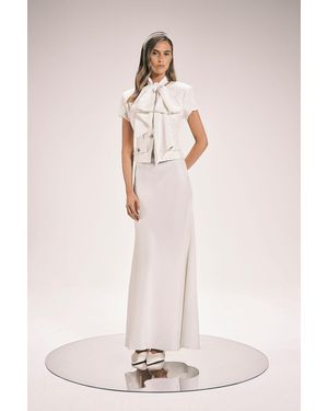 Karen Millen Boucle Tailored Tie Neck Satin Mix Midi Dress - Pink