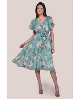 Goddiva Printed Lurex A Line Flutter Sleeve Midi Dress - Blue