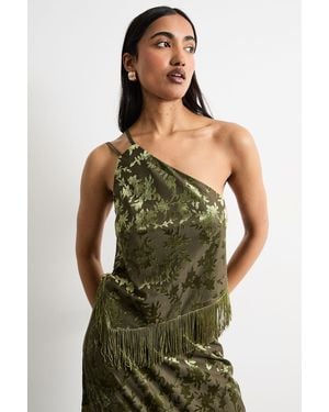 Warehouse Devore One Shoulder Fringe Cami Top - Green