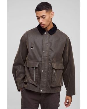 BoohooMAN Oversized Boxy Peached Pu Contrast Collar Worker Jacket - Grey