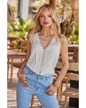 Sosandar Broderie Detail Button Front Top - White