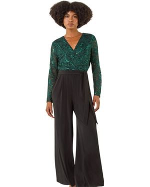 Roman Sequin Lace V-Neck Stretch Jumpsuit - Green