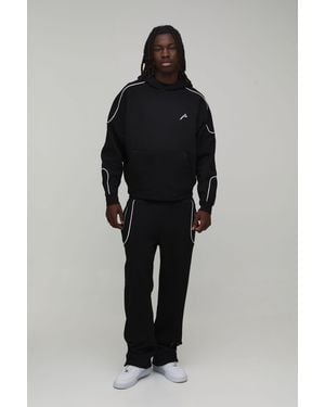 BoohooMAN Oversized Boxy Piped Hoodie & Baggy Jogger Tracksuit - Black