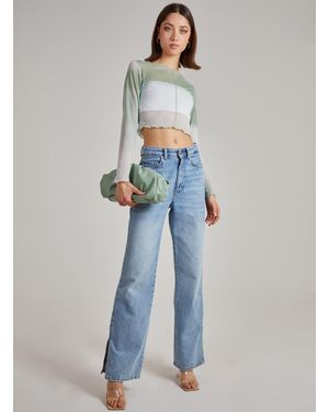 Pink Vanilla Ombre Exposed Long Sleeve Mesh Crop Top - Blue