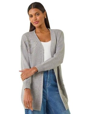 Roman Floral Embellished Knit Cardigan - Grey