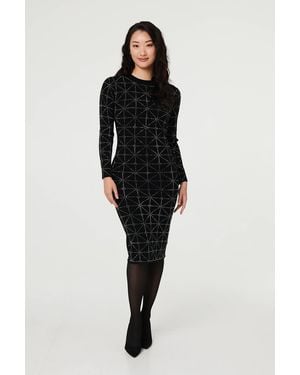 Izabel London Geo Diamante Detail Slim Knit Midi Dress - Black