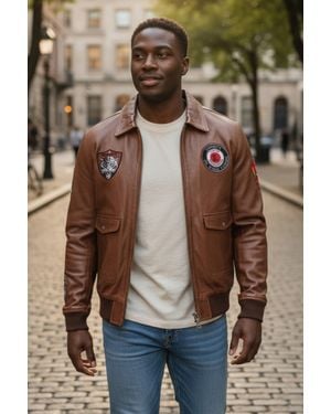 Infinity Leather Flying Bomber Aviator Collar Jacket - Brown