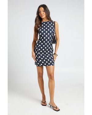 Boohoo Polka Dot Slash Neck Mini Dress - Blue