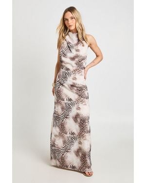 Boohoo Petite Printed Chiffon High Cowl Neck Open Back Maxi Dress - Natural