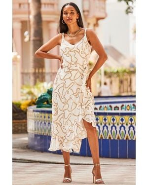 Sosandar Ivory & Chain Print Ruffle Hem Midi Skirt - Natural