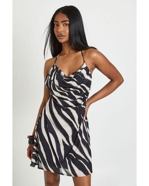 Boohoo Zebra Printed Mesh Beaded Halterneck Strap Cowl Dress - White