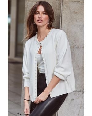 Sosandar Ivory Pearl Embellished Trim Cardigan - Grey