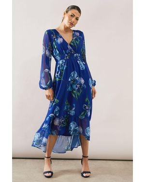 Wallis Floral Shirred Waist High Low Midi Dress - Blue