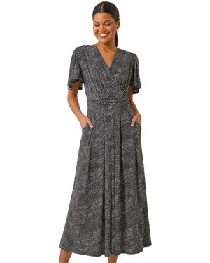 Roman Spot V-Neck Midi Wrap Dress - Black