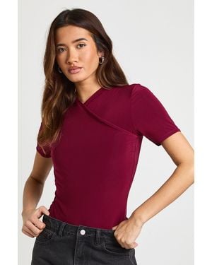 Boohoo Wrap Front Matte Slinky Bodysuit - Red
