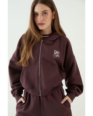 DSGN Studio Boxy Crop Zip Through Hoodie - Brown