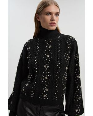 Karen Millen Wool Blend Embellished Cable Knit Jumper - Black