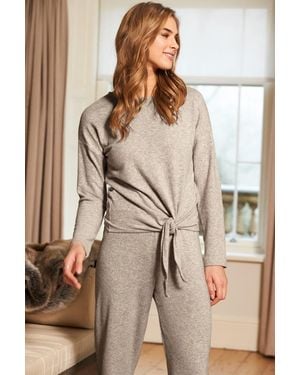 Sosandar Oatmeal Marl Tie Front Long Sleeve Loungewear Top - Brown