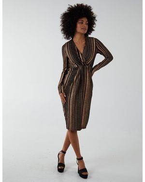 Blue Vanilla Foil Stripes Twist Front Midi Dress - Metallic