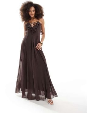 ASOS Lace Up Ruffle Cami Maxi Dress With Godet - Brown