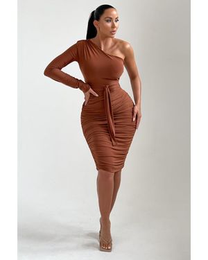 Femme Luxe One Shoulder Ruched Slinky Midi Dress - Brown