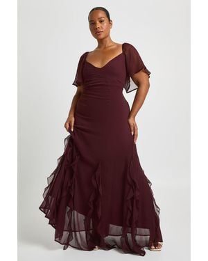 Boohoo Plus Chiffon Puff Sleeve Ruffle Maxi Dress - Red
