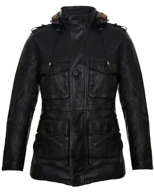 Infinity Leather Hooded Trench Multi-Pocket Overcoat Jacket - Black