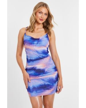 Quiz Lilac Abstract Print Mesh Bodycon Mini Dress - Blue