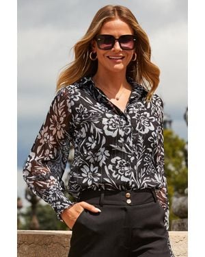 Sosandar Floral Print Shirred Cuff Shirt With Detail - Grey