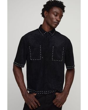 BoohooMAN Oversized Faux Suede Stud Detail Half Sleeve Shirt - Black