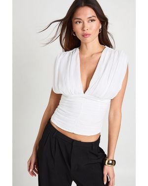 Boohoo Pleated Chiffon Plunge Top - White