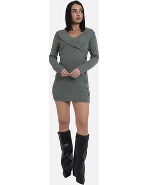 Gini London Sage Wrap Knit Button Detail Mini Jumper Dress - Green