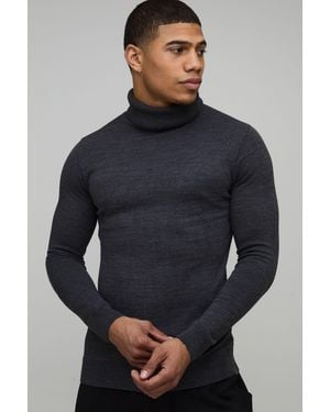 BoohooMAN Muscle Fit Roll Neck Knitted Jumper - Blue