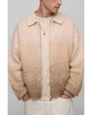 BoohooMAN Boxy Fit Ombre Zip Through Knitted Harrington - Natural