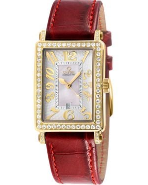 Gevril Ave Of Americas Mini Swiss Quartz Ipyg Stainless Steel Diamond Case, Mop Dial Watch - Red