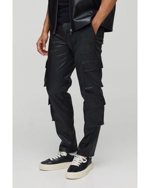BoohooMAN Fixed Waist Pleated Pu Skinny Cargo Trousers - Black