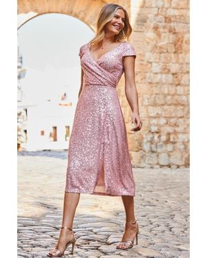 Sosandar Sequin Wrap Front Fit & Flare Dress - Pink