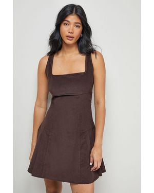 Warehouse Cord Square Neck Pinafore Mini Dress - Brown