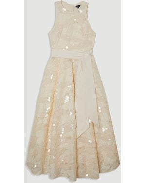 Karen Millen Sequin Floral Belted Woven Maxi Prom Dress - Natural