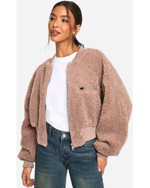 Boohoo Rib Teddy Bomber Jacket - Natural
