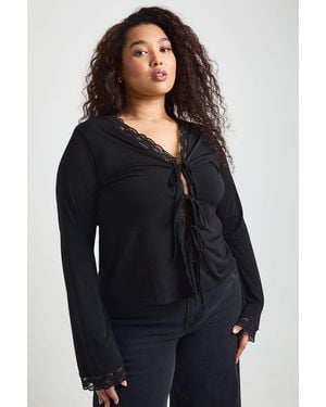 Boohoo Plus Lace Trim Tie Front Long Sleeve Top - Black