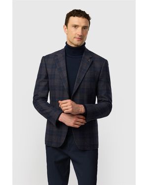Ted Baker Single Breasted Long Sleeve Two Button Collared Checked Tailored Suit Jacket - Blue