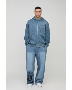 BoohooMAN Oversized Graphic Washed Zip Through Hoodie - Blue