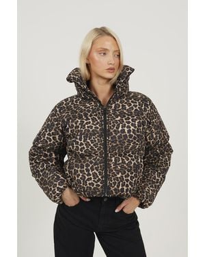 Brave Soul Leopard Print Short Puffer Jacket With Oversized Collar - Grey