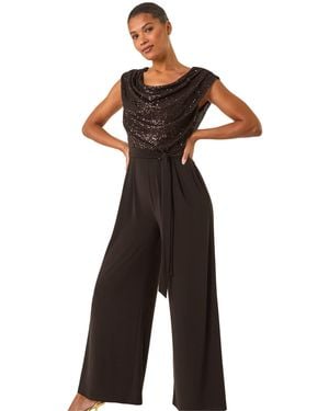 Roman Sequin Bodice Cowl Neck Jumpsuit - Black